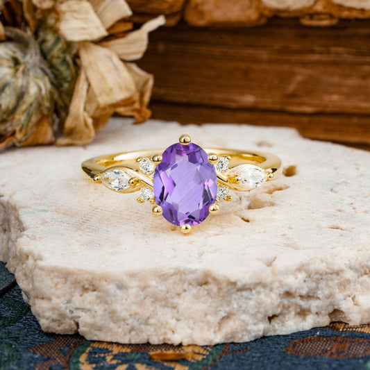 Nature Inspired 6 Prong Leaf Oval Cut Amethyst Engagement Ring