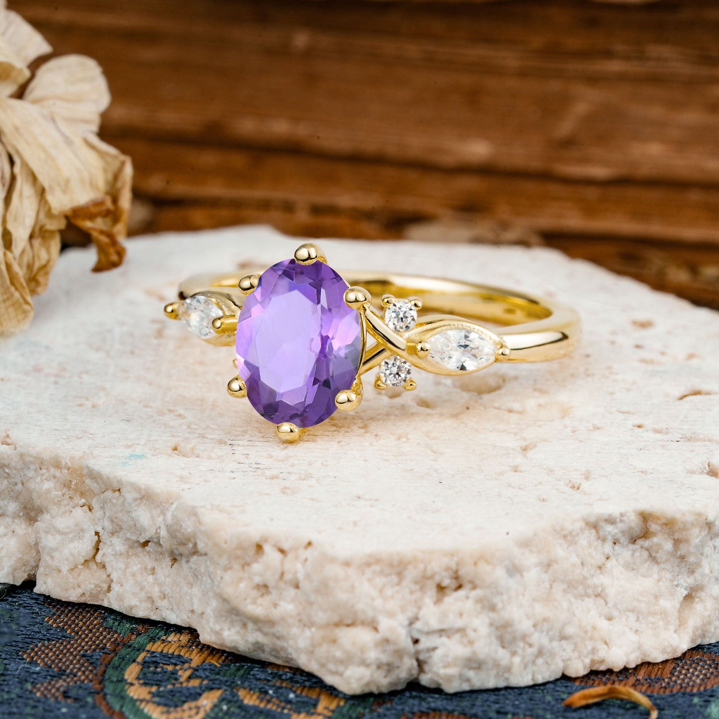 Nature Inspired 6 Prong Leaf Oval Cut Amethyst Engagement Ring