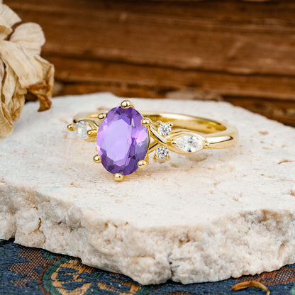 Nature Inspired 6 Prong Leaf Oval Cut Amethyst Engagement Ring