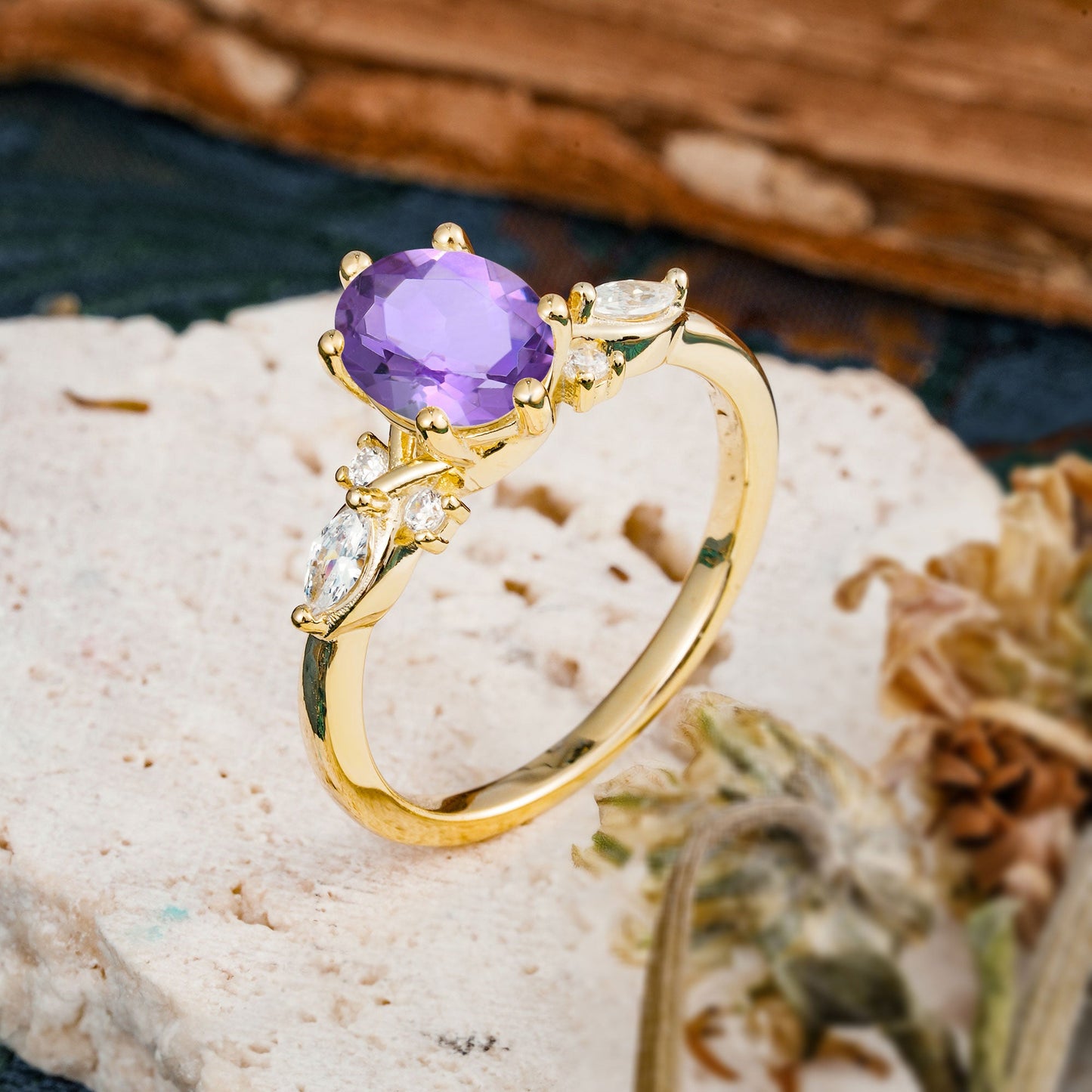 Nature Inspired 6 Prong Leaf Oval Cut Amethyst Engagement Ring