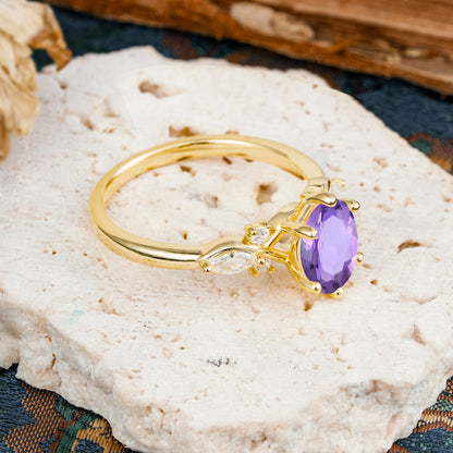 Nature Inspired 6 Prong Leaf Oval Cut Amethyst Engagement Ring
