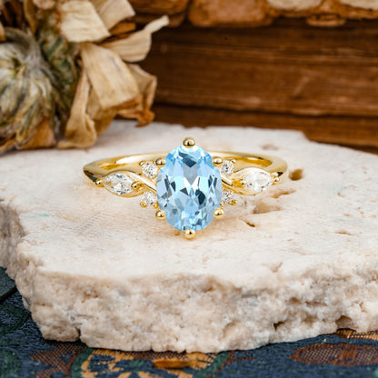 Nature Inspired 6 Prong Leaf Oval Cut Aquamarine Engagement Ring