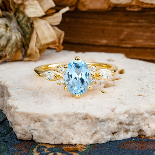 Nature Inspired 6 Prong Leaf Oval Cut Aquamarine Engagement Ring