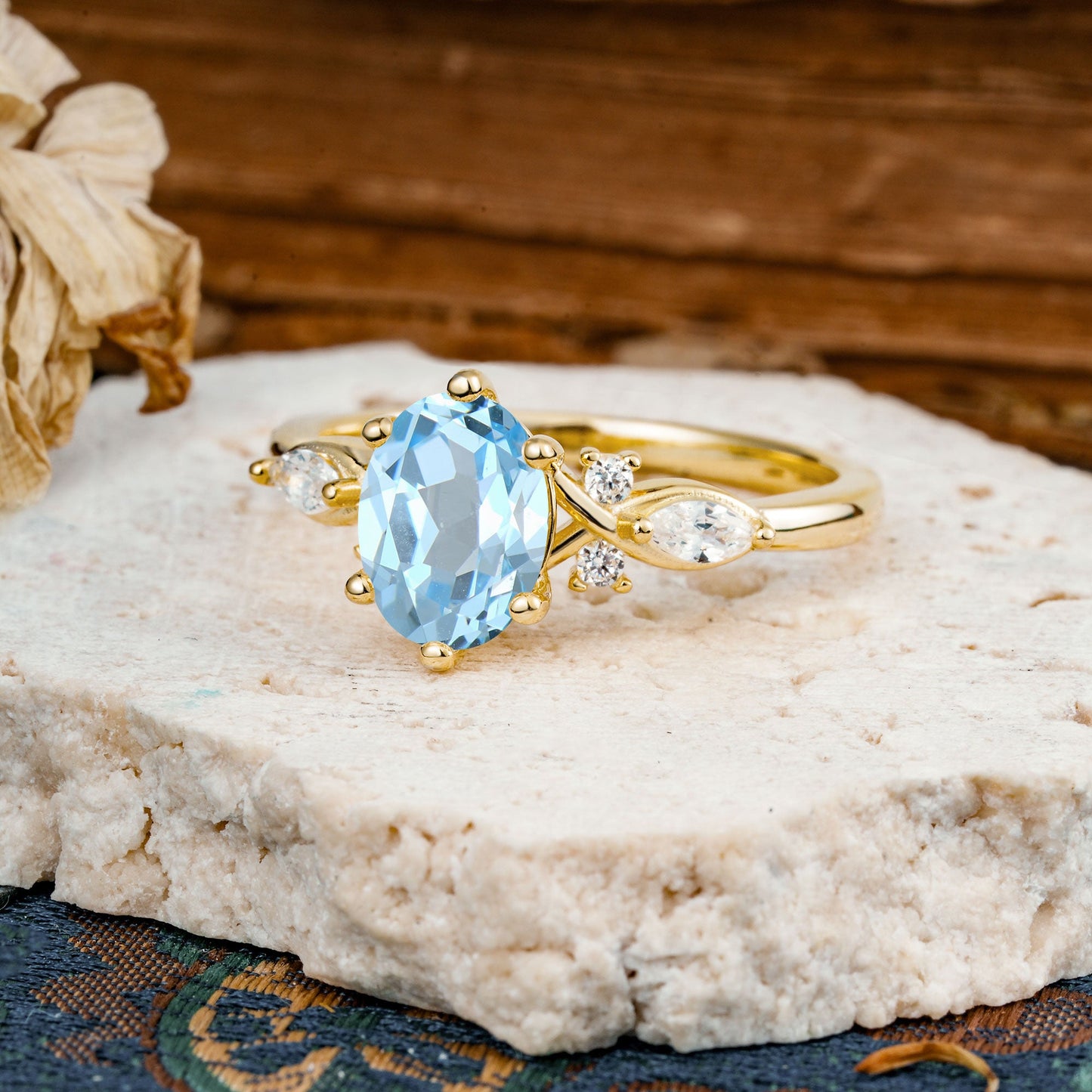 Nature Inspired 6 Prong Leaf Oval Cut Aquamarine Engagement Ring