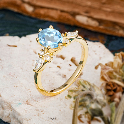 Nature Inspired 6 Prong Leaf Oval Cut Aquamarine Engagement Ring