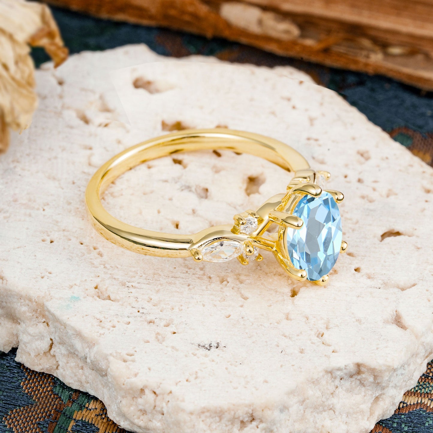 Nature Inspired 6 Prong Leaf Oval Cut Aquamarine Engagement Ring