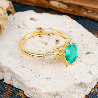 Nature Inspired 6 Prong Leaf Oval Cut Emerald Engagement Ring