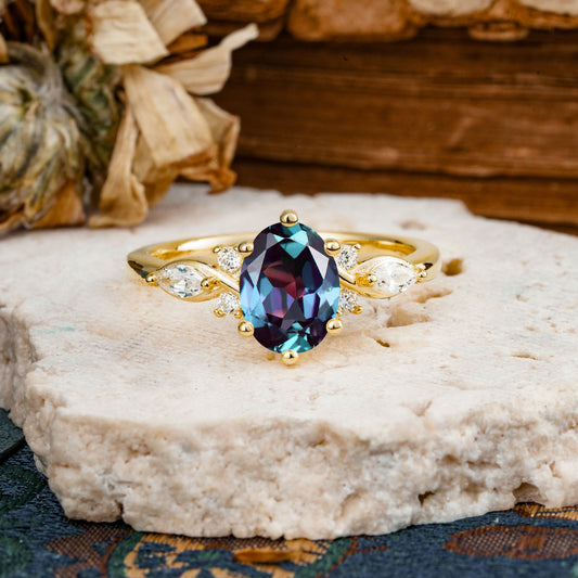 Nature Inspired 6 Prong Leaf Oval Cut Alexandrite Engagement Ring