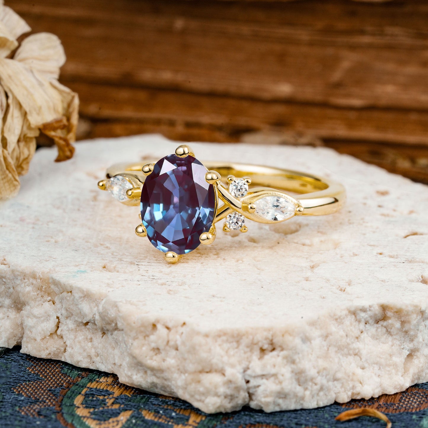 Nature Inspired 6 Prong Leaf Oval Cut Alexandrite Engagement Ring