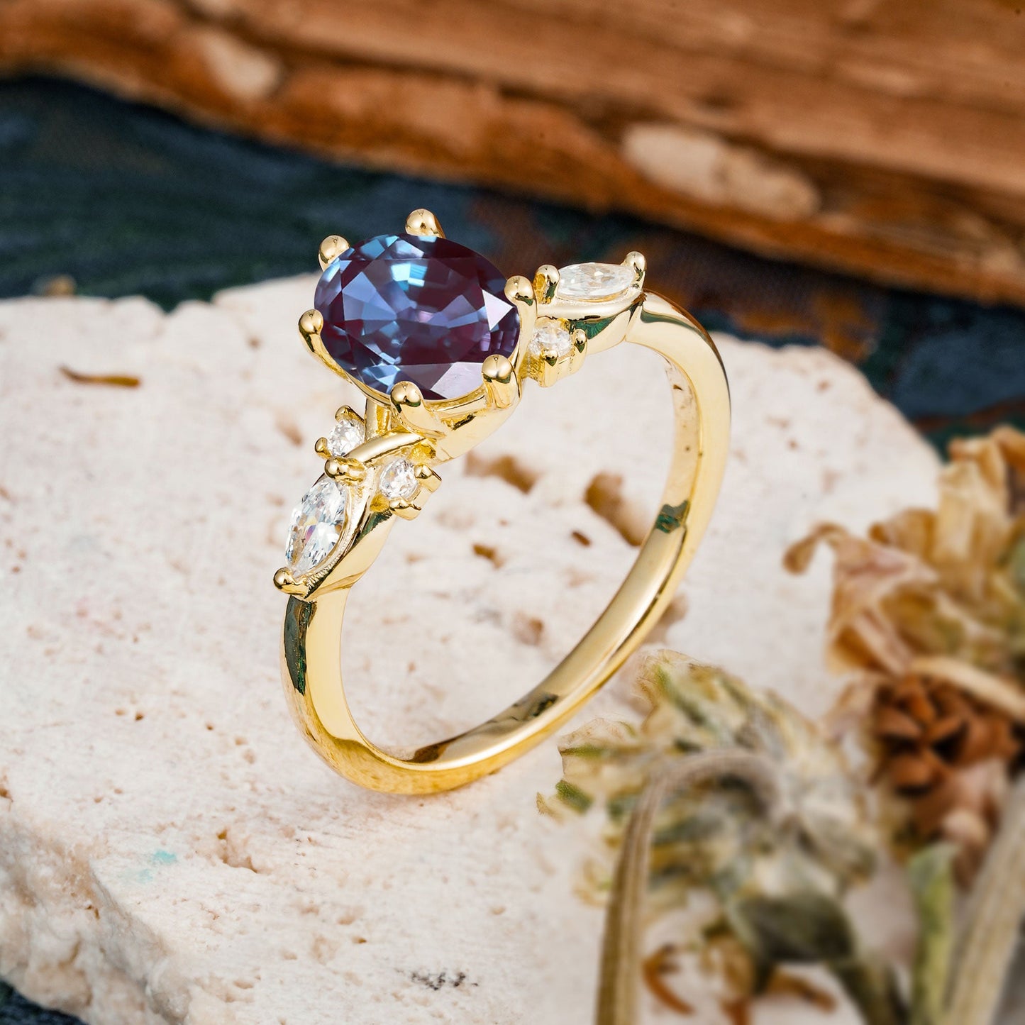 Nature Inspired 6 Prong Leaf Oval Cut Alexandrite Engagement Ring