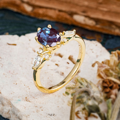 Nature Inspired 6 Prong Leaf Oval Cut Alexandrite Engagement Ring