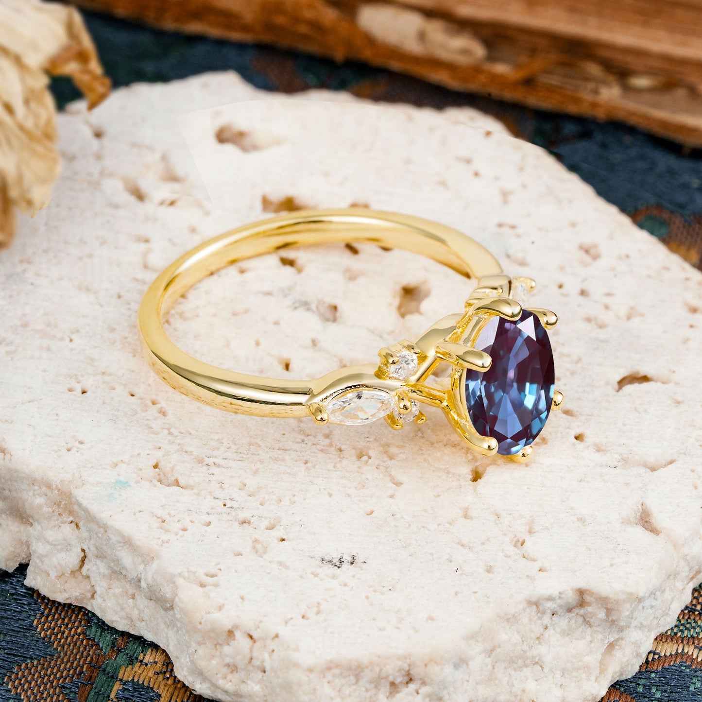 Nature Inspired 6 Prong Leaf Oval Cut Alexandrite Engagement Ring