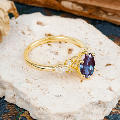 Nature Inspired 6 Prong Leaf Oval Cut Alexandrite Engagement Ring