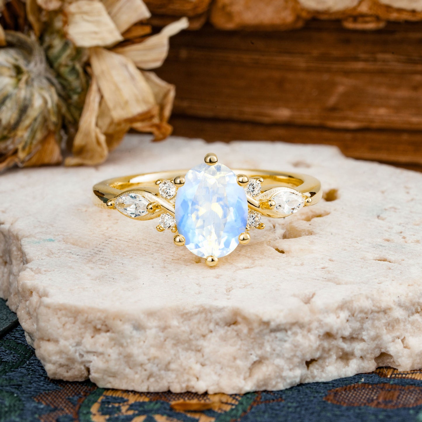 Nature Inspired 6 Prong Leaf Oval Cut Moonstone Engagement Ring