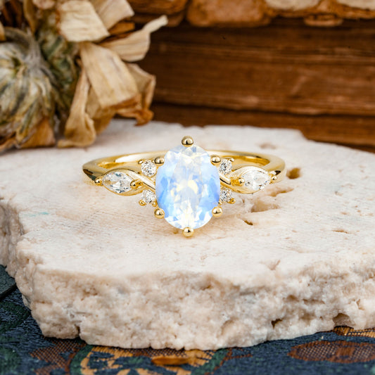 Nature Inspired 6 Prong Leaf Oval Cut Moonstone Engagement Ring