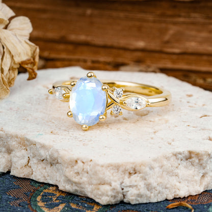 Nature Inspired 6 Prong Leaf Oval Cut Moonstone Engagement Ring