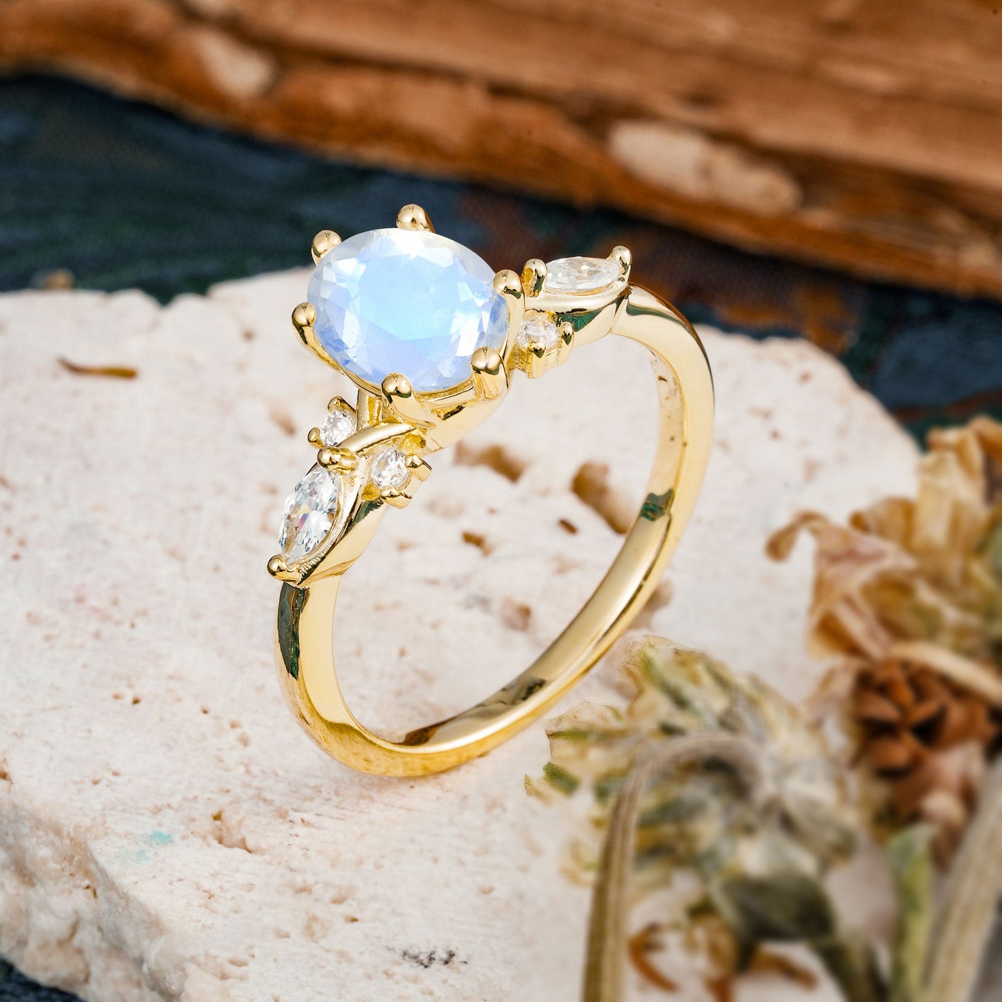 Nature Inspired 6 Prong Leaf Oval Cut Moonstone Engagement Ring