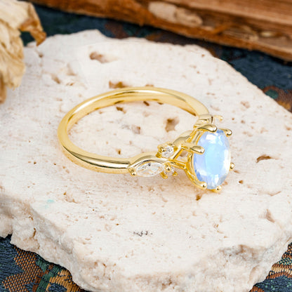 Nature Inspired 6 Prong Leaf Oval Cut Moonstone Engagement Ring