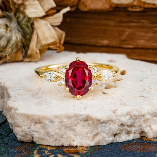 Nature Inspired 6 Prong Leaf Oval Cut Ruby Engagement Ring