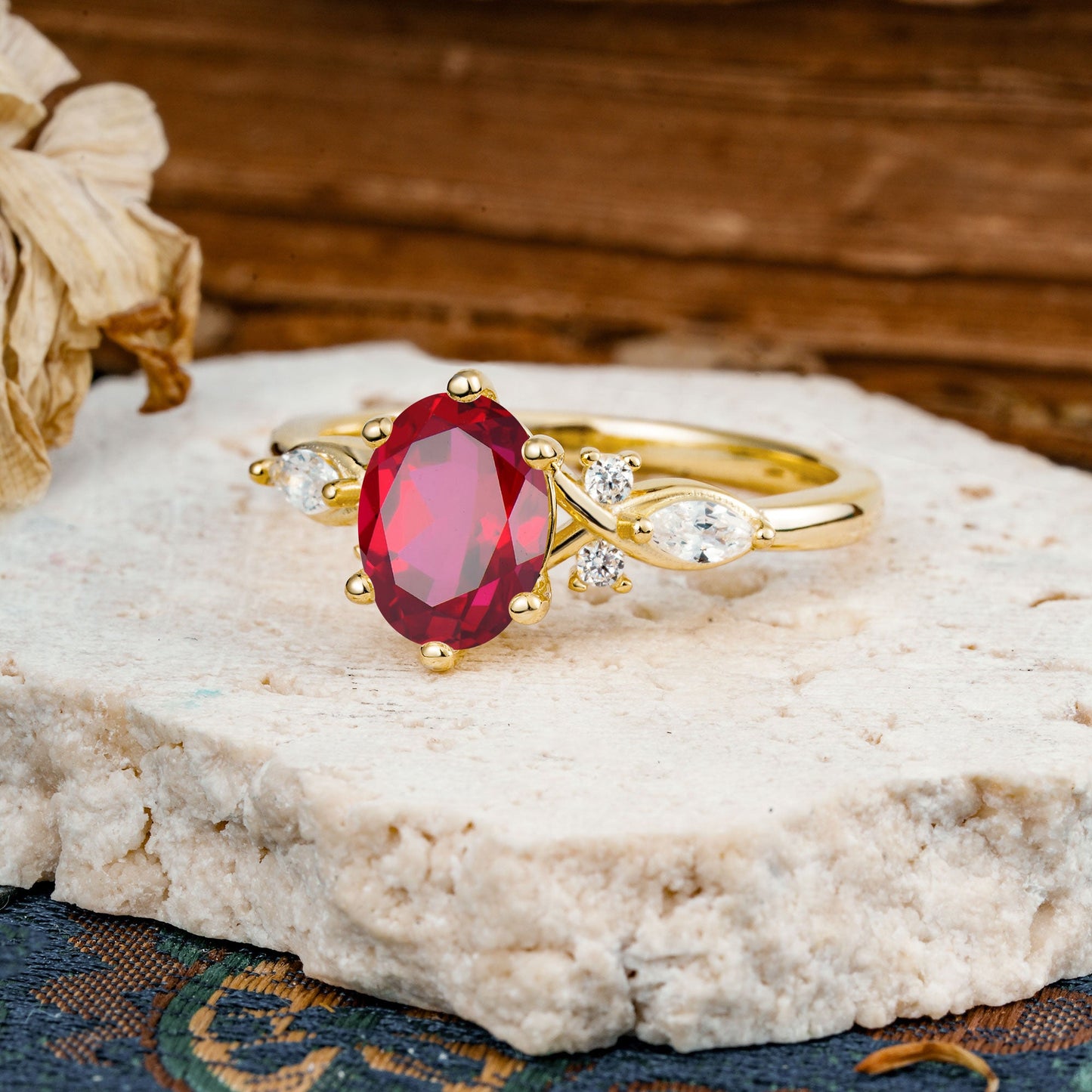 Nature Inspired 6 Prong Leaf Oval Cut Ruby Engagement Ring