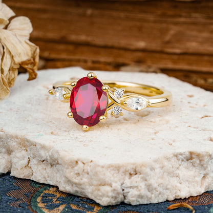 Nature Inspired 6 Prong Leaf Oval Cut Ruby Engagement Ring