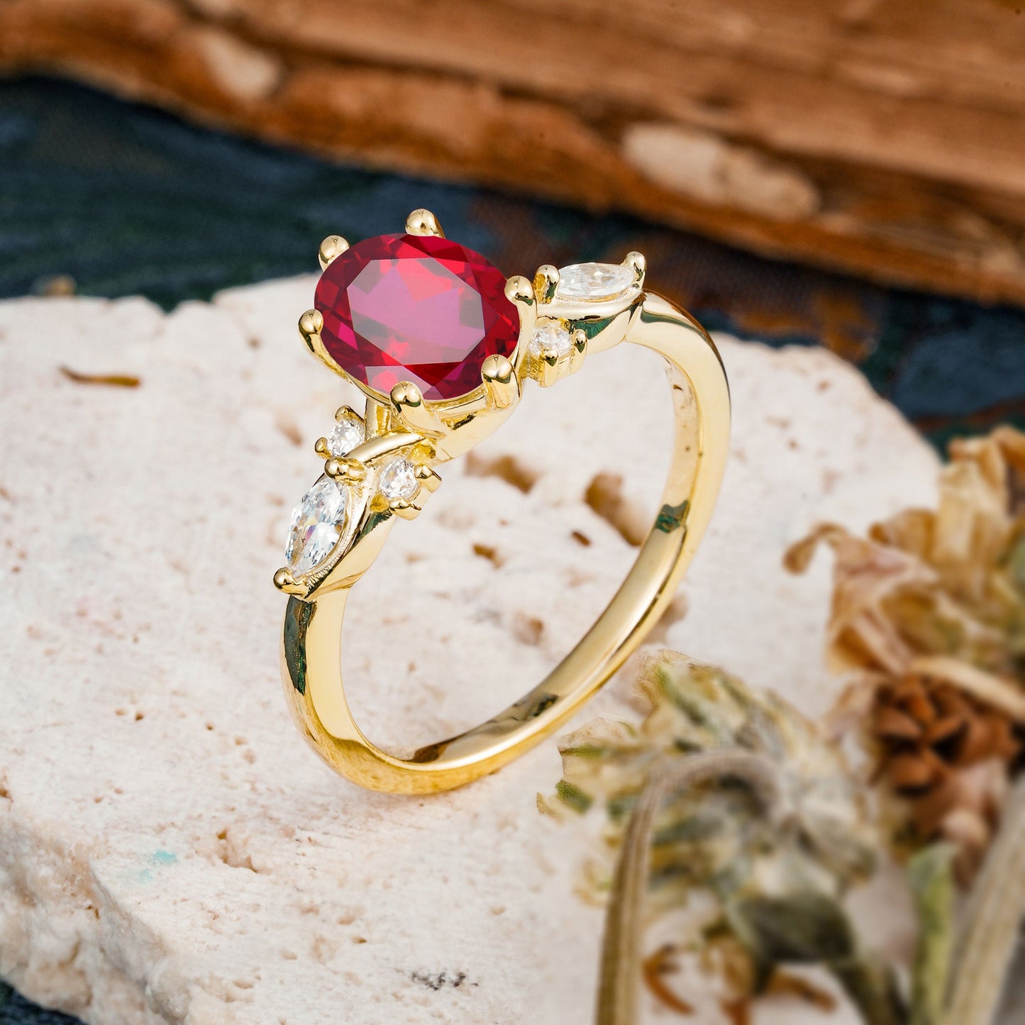 Nature Inspired 6 Prong Leaf Oval Cut Ruby Engagement Ring