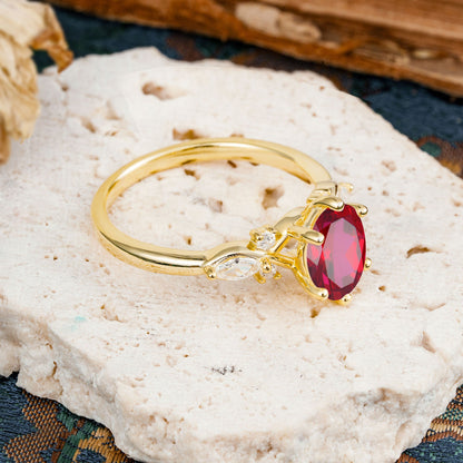 Nature Inspired 6 Prong Leaf Oval Cut Ruby Engagement Ring