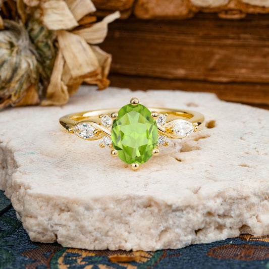 Nature Inspired 6 Prong Leaf Oval Cut Peridot Engagement Ring