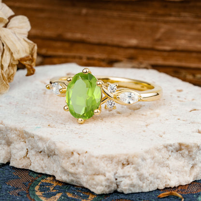 Nature Inspired 6 Prong Leaf Oval Cut Peridot Engagement Ring