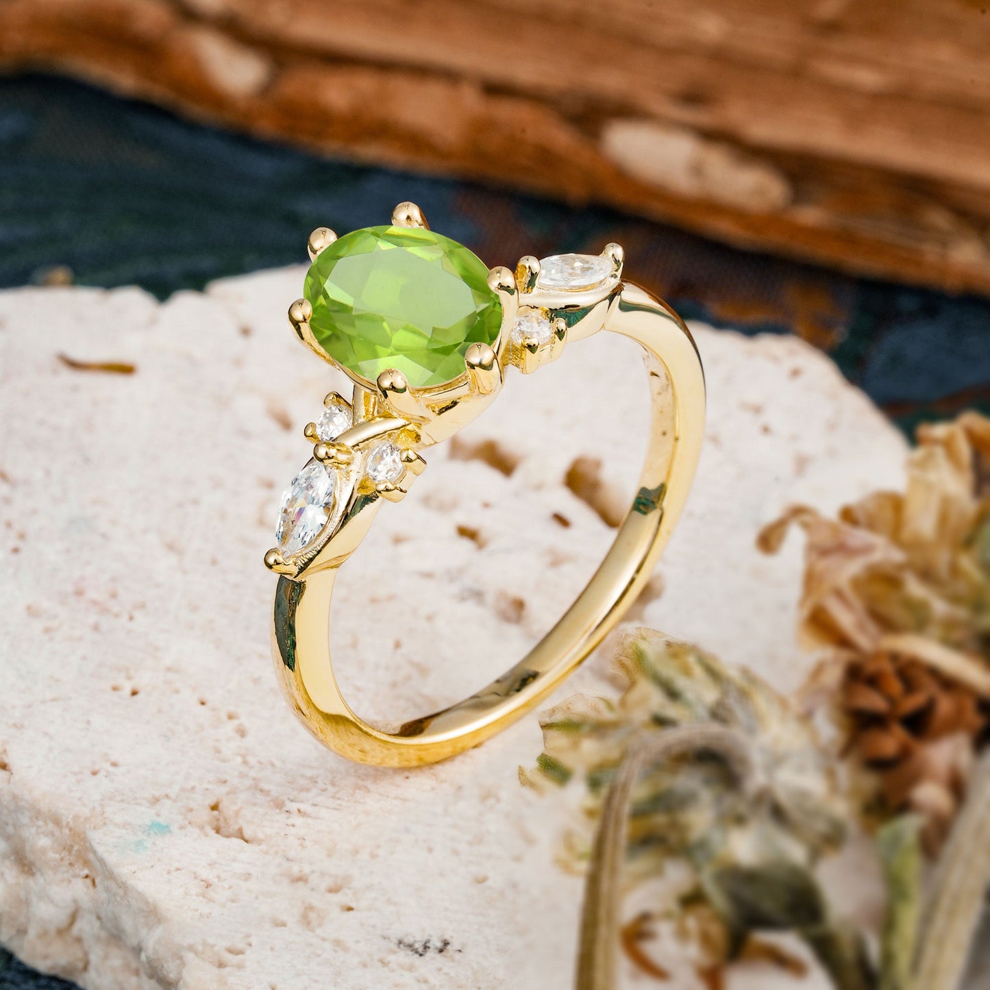 Nature Inspired 6 Prong Leaf Oval Cut Peridot Engagement Ring