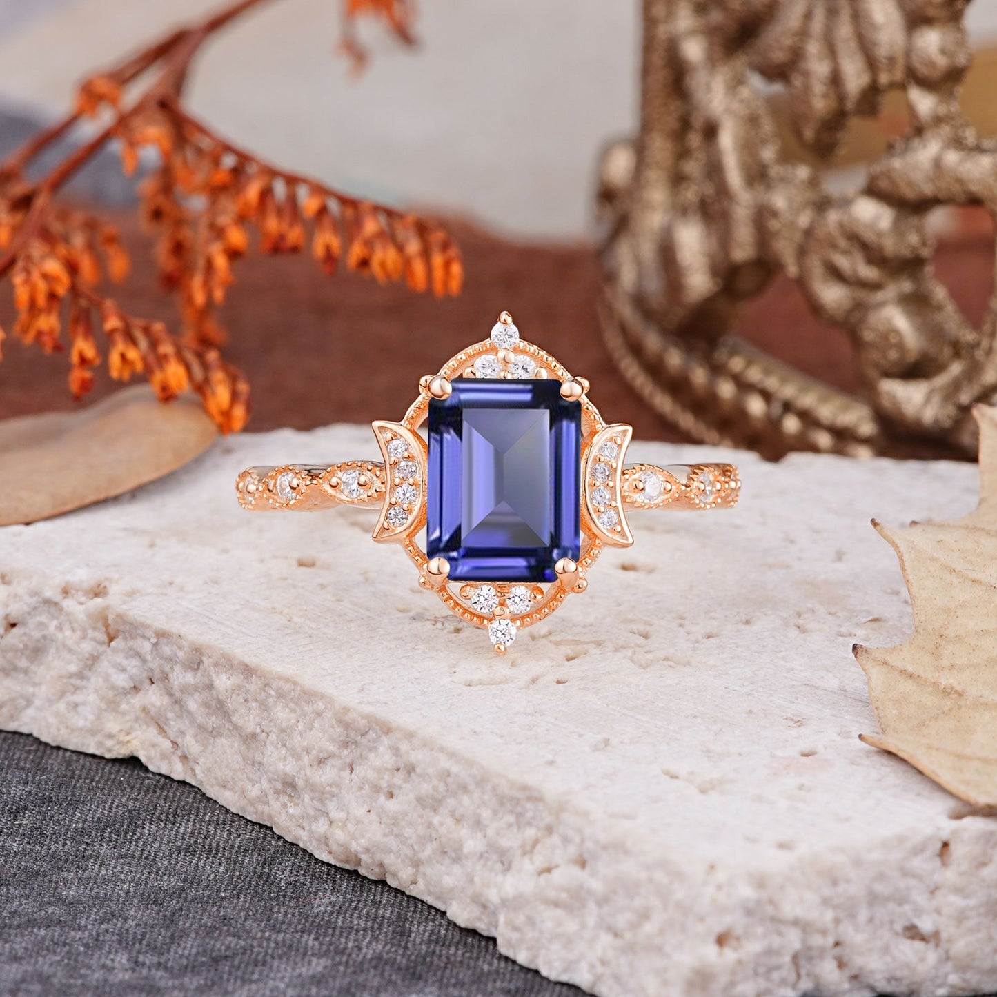 Classic Sparkling Radiant Cut Tanzanite Engagement Ring with Vintage Halo