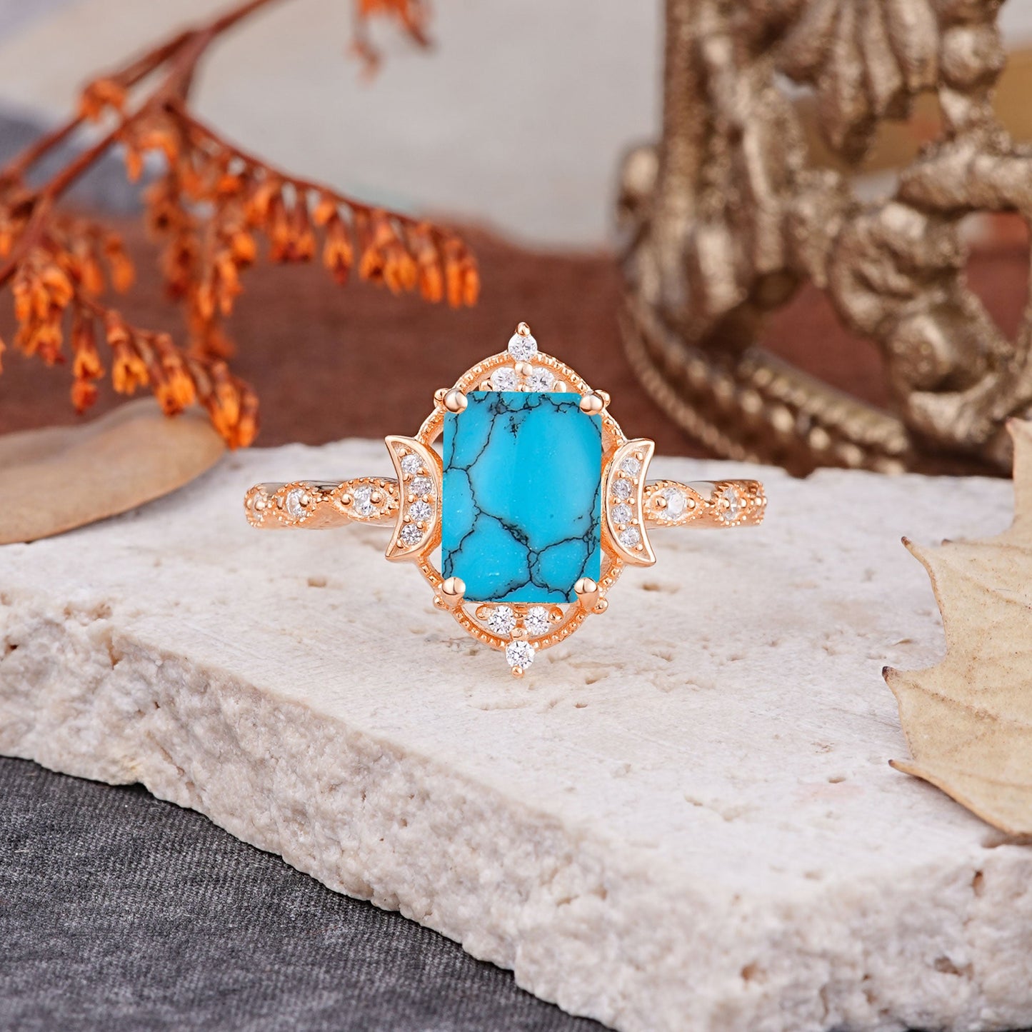 Classic Sparkling Radiant Cut Turquoise Engagement Ring with Vintage Halo