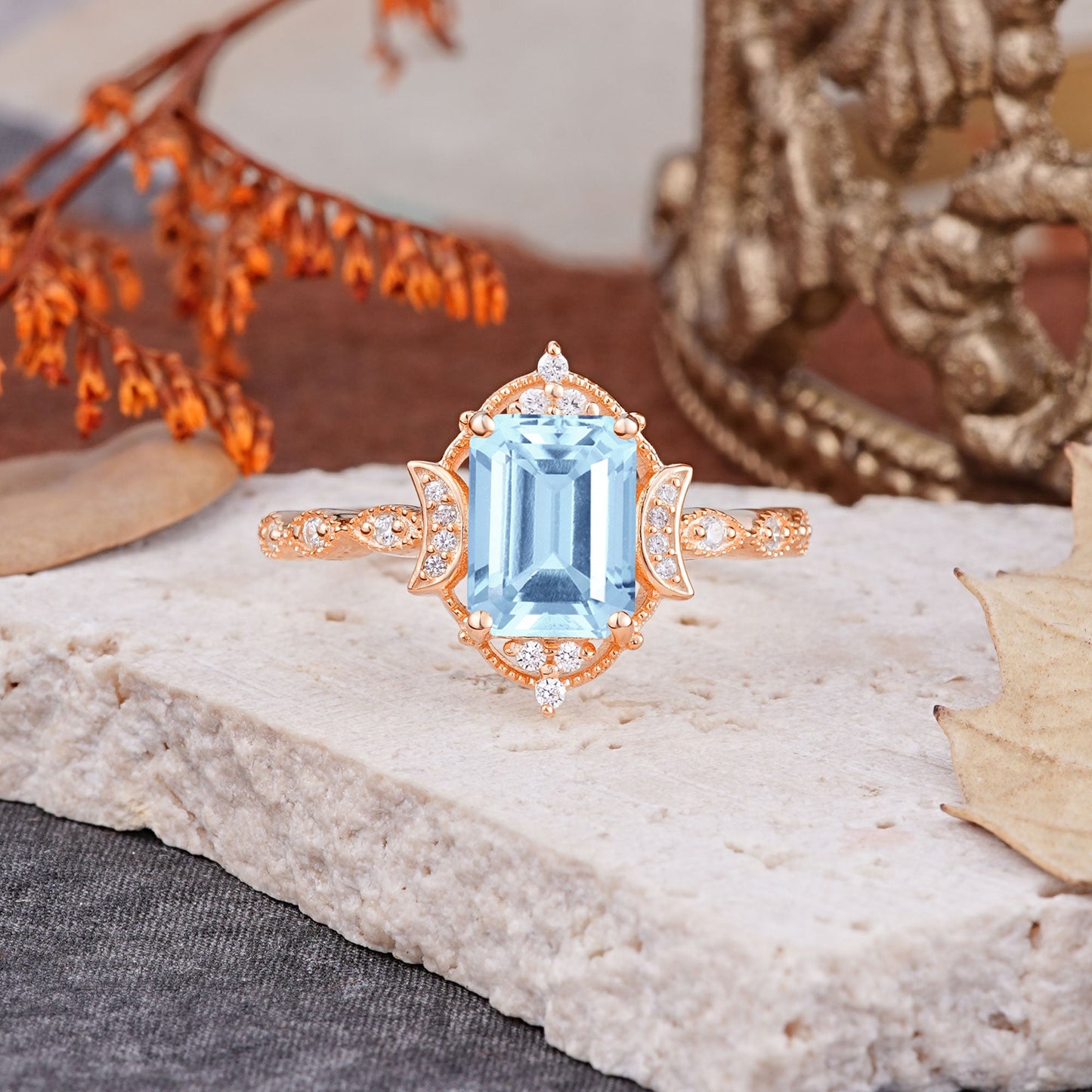 Classic Sparkling Radiant Cut Aquamarine Engagement Ring with Vintage Halo