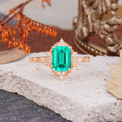 Classic Sparkling Radiant Cut Emerald Engagement Ring with Vintage Halo
