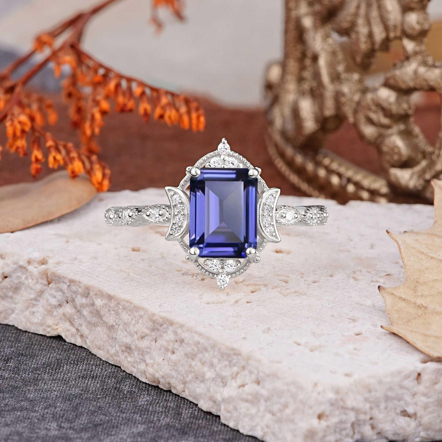 Classic Sparkling Radiant Cut Tanzanite Engagement Ring with Vintage Halo