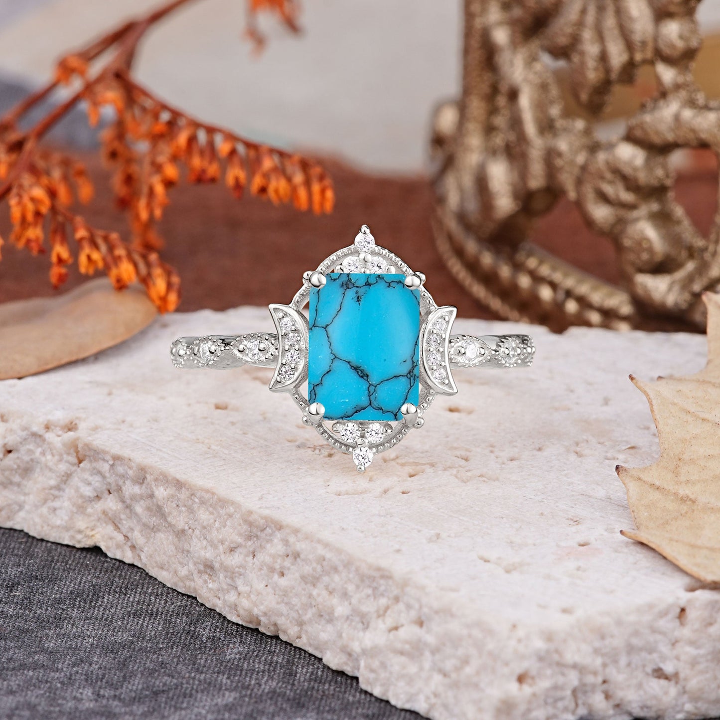 Classic Sparkling Radiant Cut Turquoise Engagement Ring with Vintage Halo