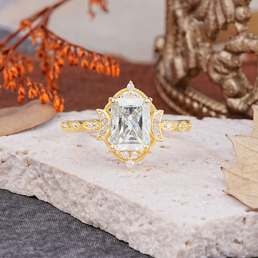 Classic Sparkling Radiant Cut Moissanite Engagement Ring with Vintage Halo