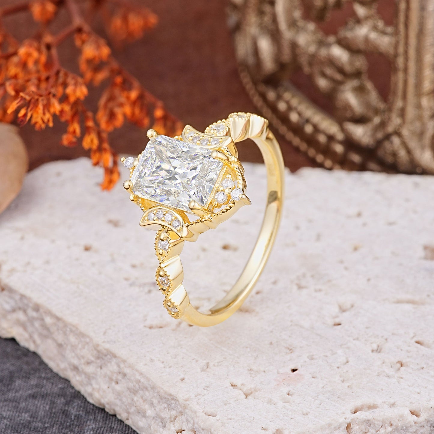 Classic Sparkling Radiant Cut Moissanite Engagement Ring with Vintage Halo