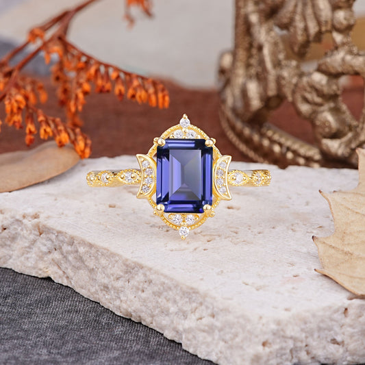 Classic Sparkling Radiant Cut Tanzanite Engagement Ring with Vintage Halo