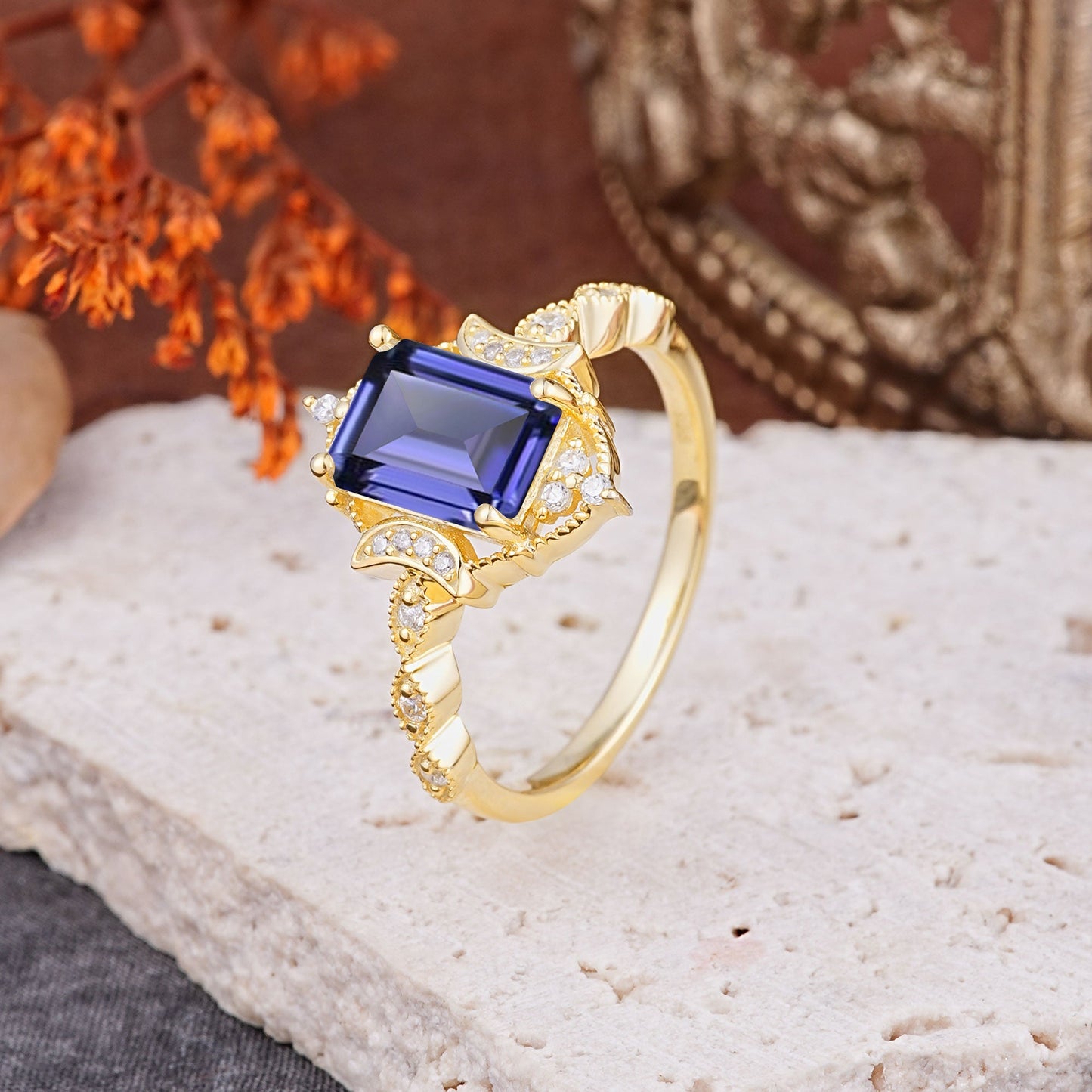 Classic Sparkling Radiant Cut Tanzanite Engagement Ring with Vintage Halo