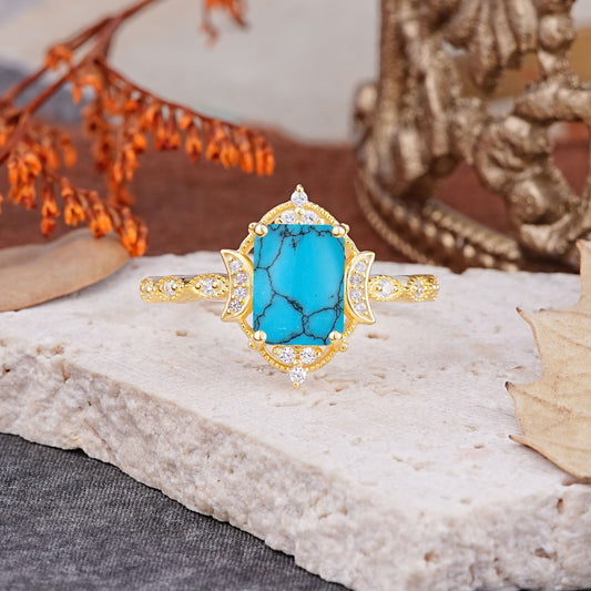 Classic Sparkling Radiant Cut Turquoise Engagement Ring with Vintage Halo