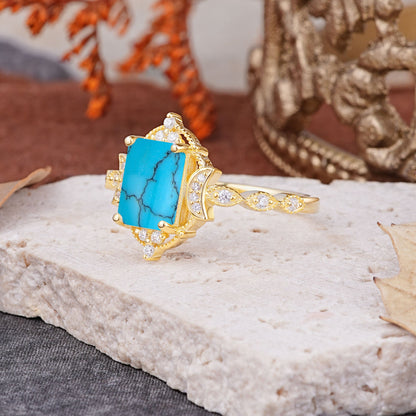Classic Sparkling Radiant Cut Turquoise Engagement Ring with Vintage Halo