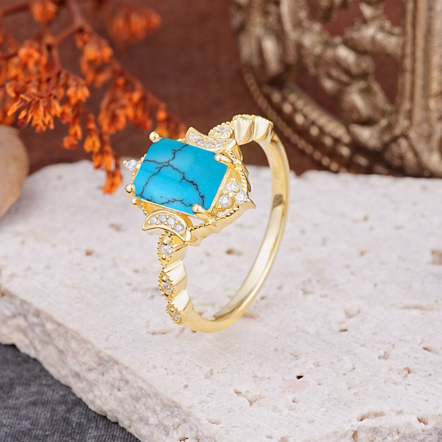 Classic Sparkling Radiant Cut Turquoise Engagement Ring with Vintage Halo