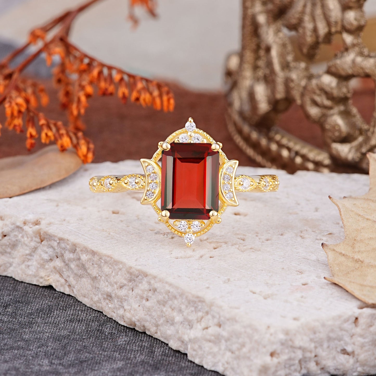 Classic Sparkling Radiant Cut Garnet Engagement Ring with Vintage Halo