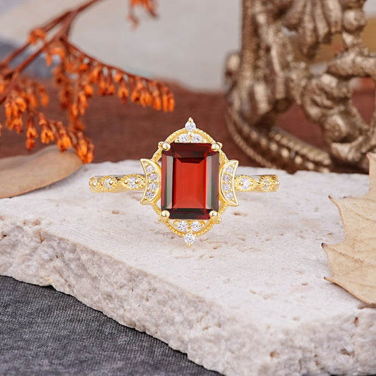 Classic Sparkling Radiant Cut Garnet Engagement Ring with Vintage Halo