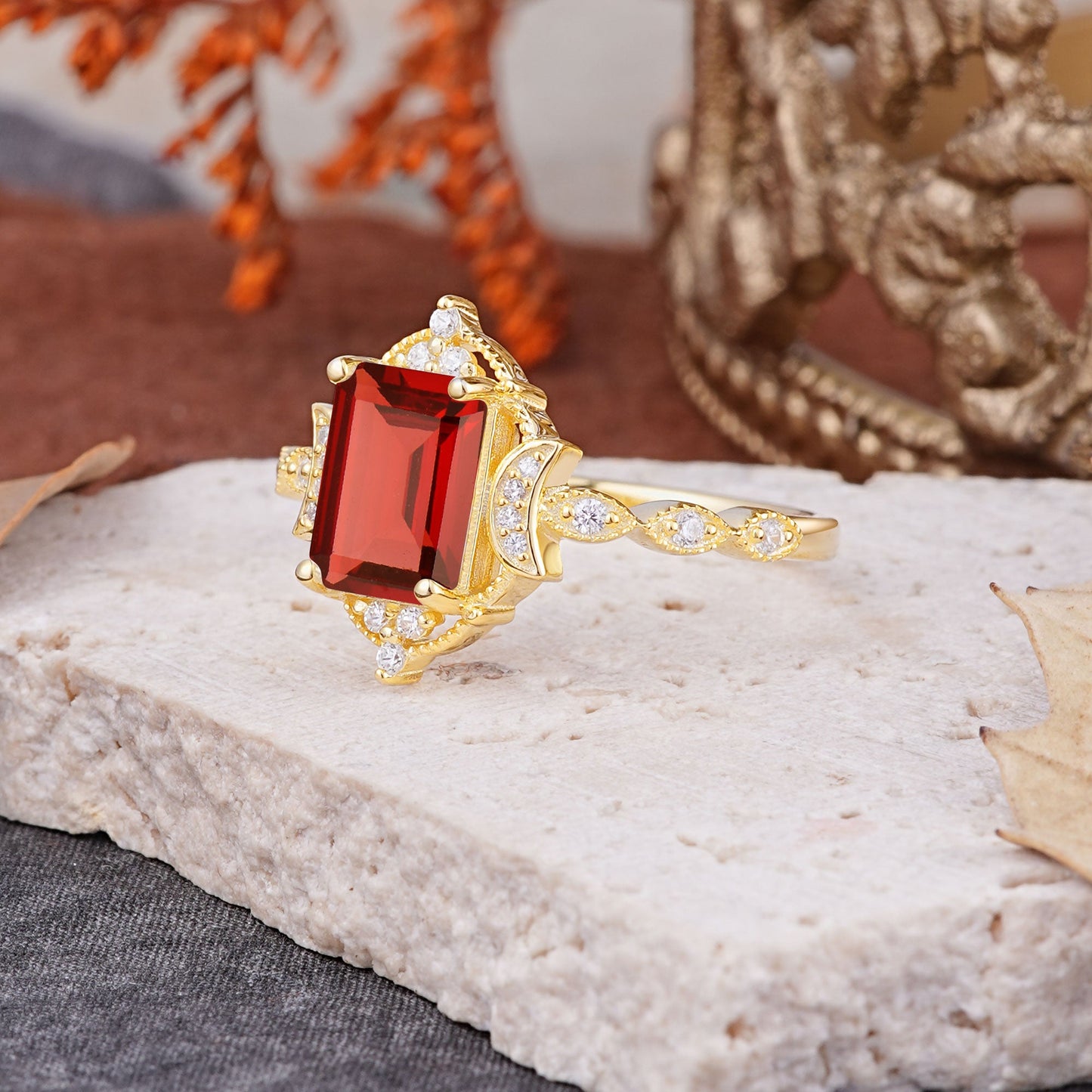 Classic Sparkling Radiant Cut Garnet Engagement Ring with Vintage Halo