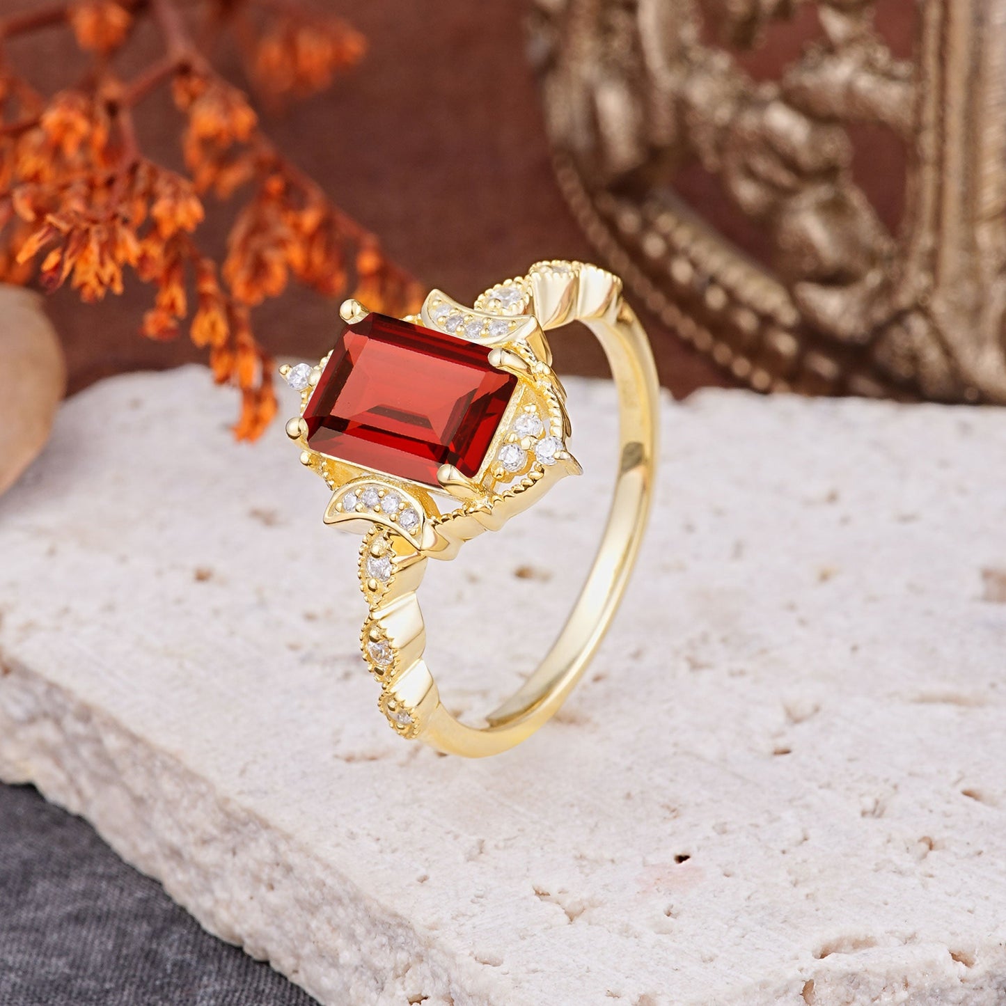 Classic Sparkling Radiant Cut Garnet Engagement Ring with Vintage Halo