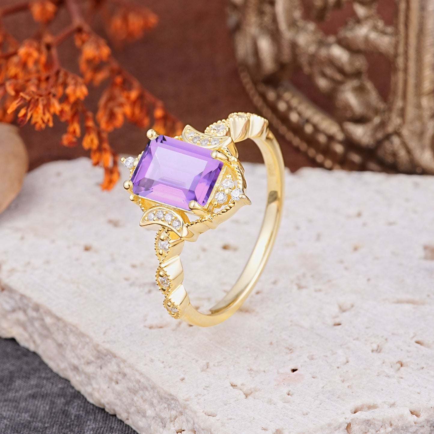 Classic Sparkling Radiant Cut Amethyst Engagement Ring with Vintage Halo
