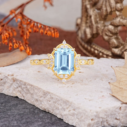 Classic Sparkling Radiant Cut Aquamarine Engagement Ring with Vintage Halo