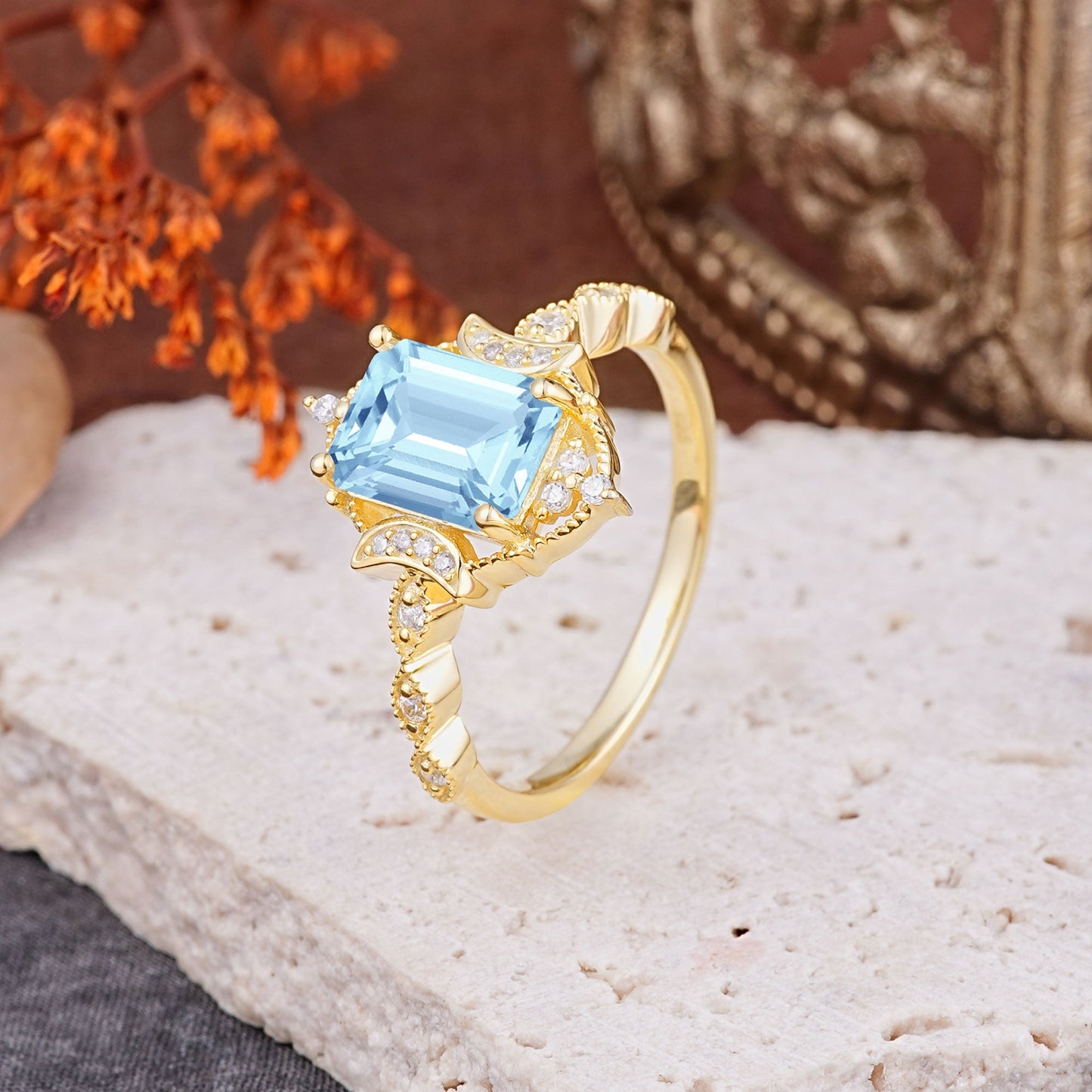 Classic Sparkling Radiant Cut Aquamarine Engagement Ring with Vintage Halo